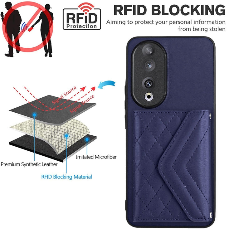 For Honor 90 Rhombic Texture Card Bag RFID Phone Case with Long Lanyard(Dark Purple)