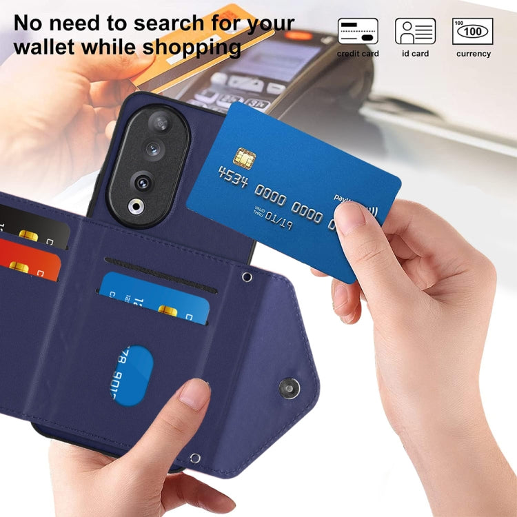 For Honor 90 Rhombic Texture Card Bag RFID Phone Case with Long Lanyard(Dark Purple)