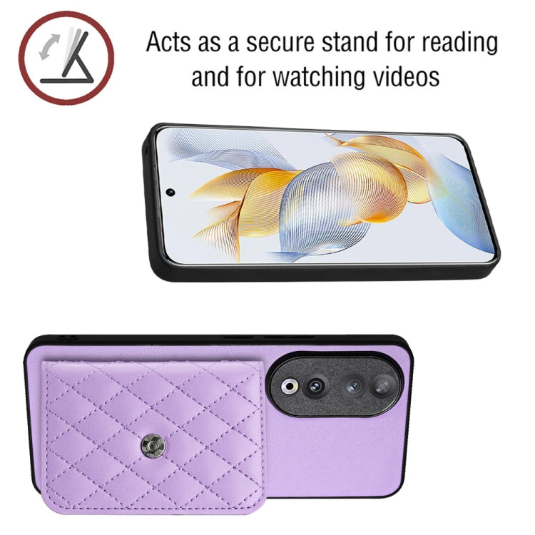 For Honor 90 Rhombic Texture Card Bag RFID Phone Case with Long Lanyard(Light Purple)