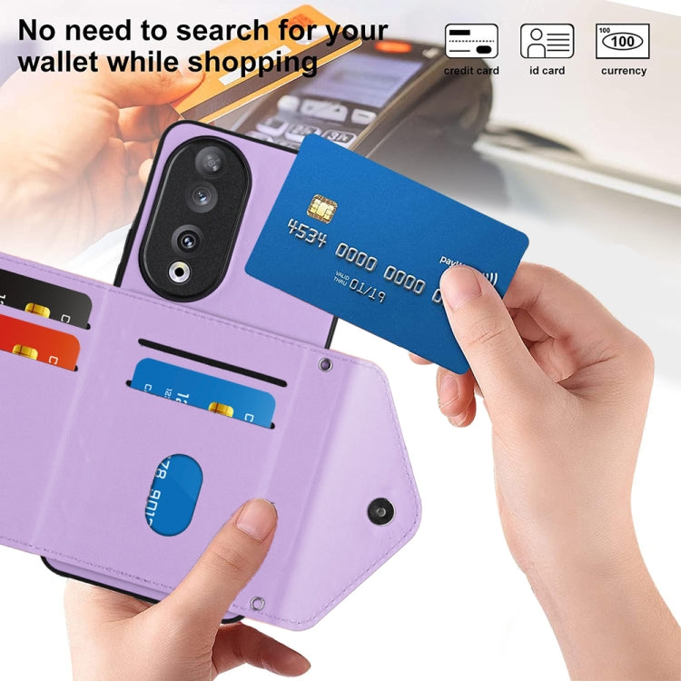 For Honor 90 Rhombic Texture Card Bag RFID Phone Case with Long Lanyard(Light Purple)