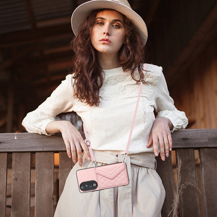 For Honor 90 Rhombic Texture Card Bag RFID Phone Case with Long Lanyard(Rose Gold)