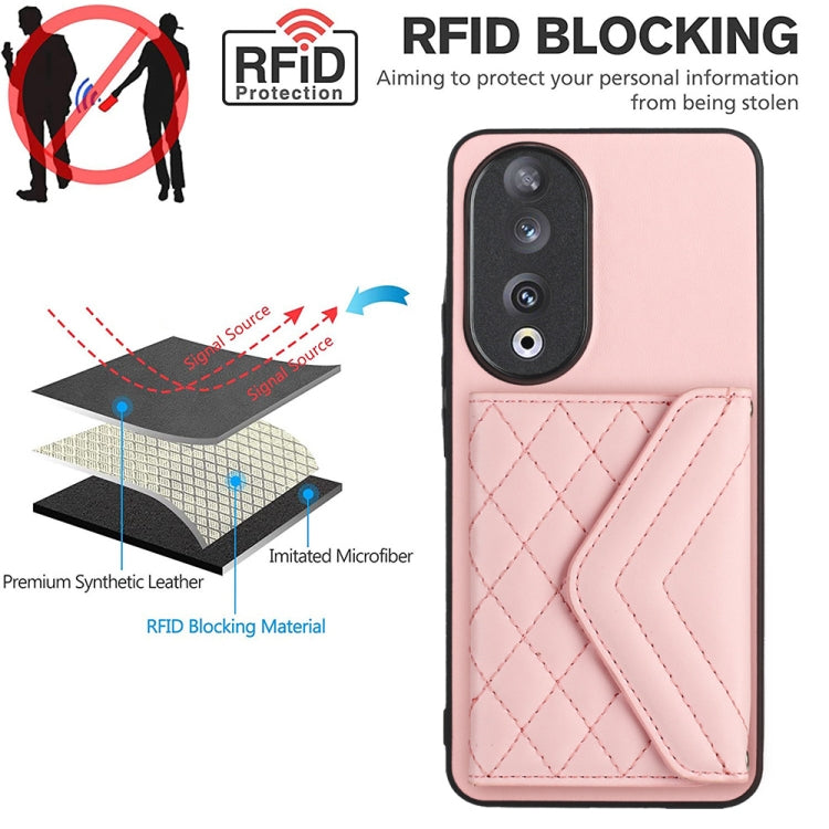 For Honor 90 Rhombic Texture Card Bag RFID Phone Case with Long Lanyard(Rose Gold)