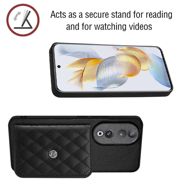 For Honor 90 Rhombic Texture Card Bag RFID Phone Case with Long Lanyard(Black)
