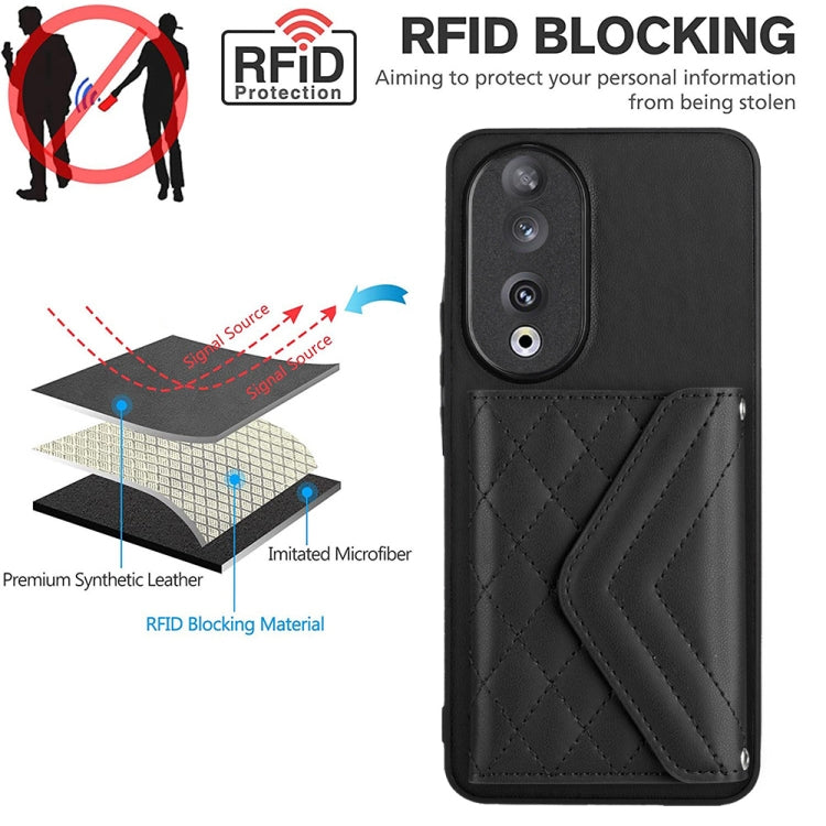 For Honor 90 Rhombic Texture Card Bag RFID Phone Case with Long Lanyard(Black)