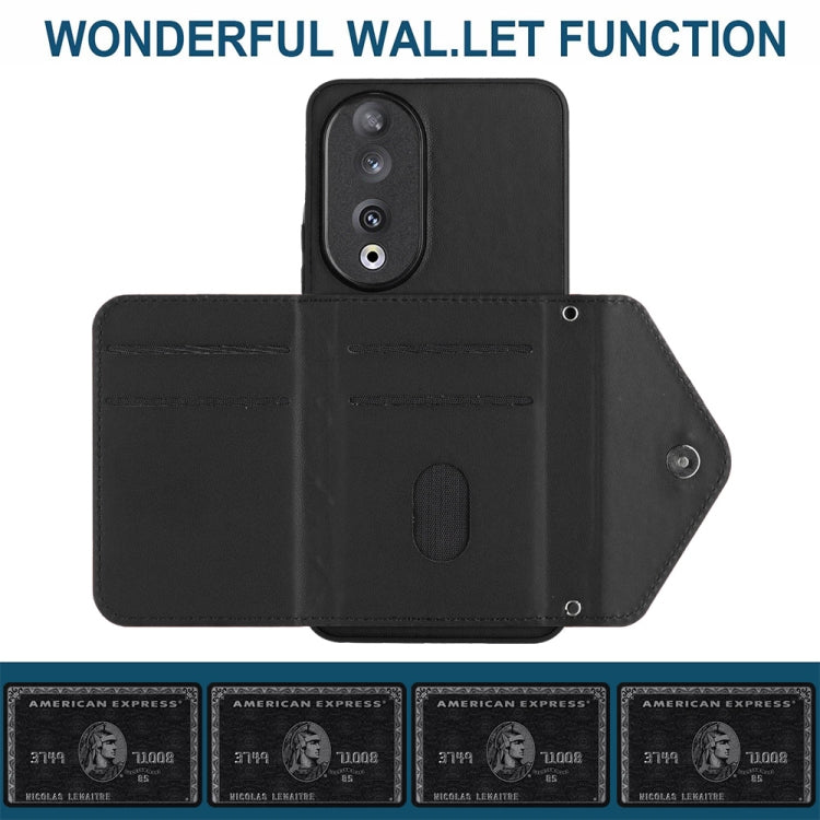 For Honor 90 Rhombic Texture Card Bag RFID Phone Case with Long Lanyard(Black)