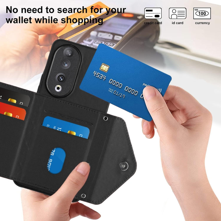 For Honor 90 Rhombic Texture Card Bag RFID Phone Case with Long Lanyard(Black)