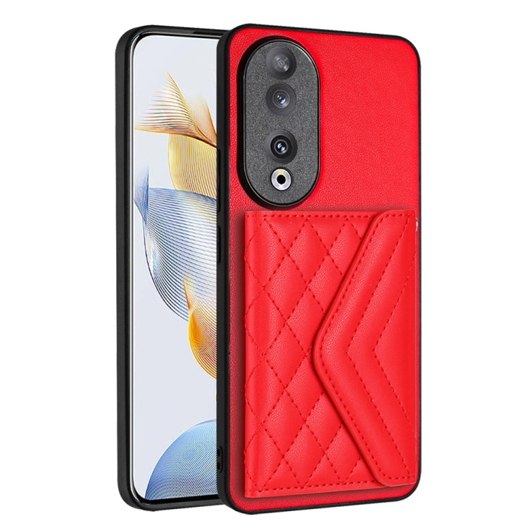 For Honor 90 Rhombic Texture Card Bag RFID Phone Case with Long Lanyard(Red)