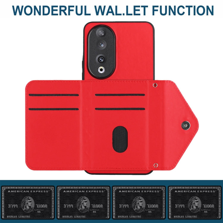 For Honor 90 Rhombic Texture Card Bag RFID Phone Case with Long Lanyard(Red)