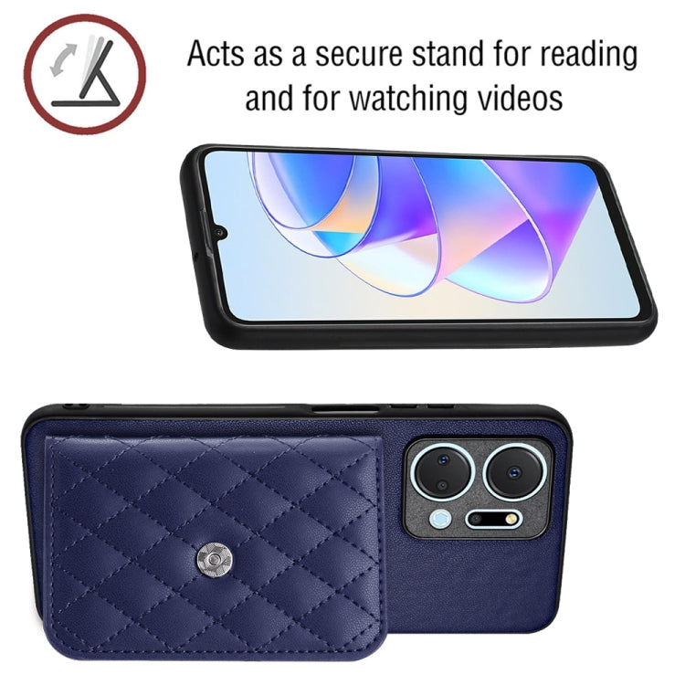 For Honor X7a / Play 7T Rhombic Texture Card Bag RFID Phone Case with Long Lanyard(Dark Purple)