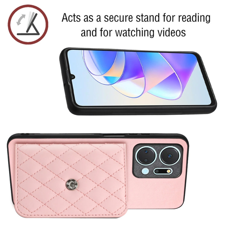 For Honor X7a / Play 7T Rhombic Texture Card Bag RFID Phone Case with Long Lanyard(Rose Gold)