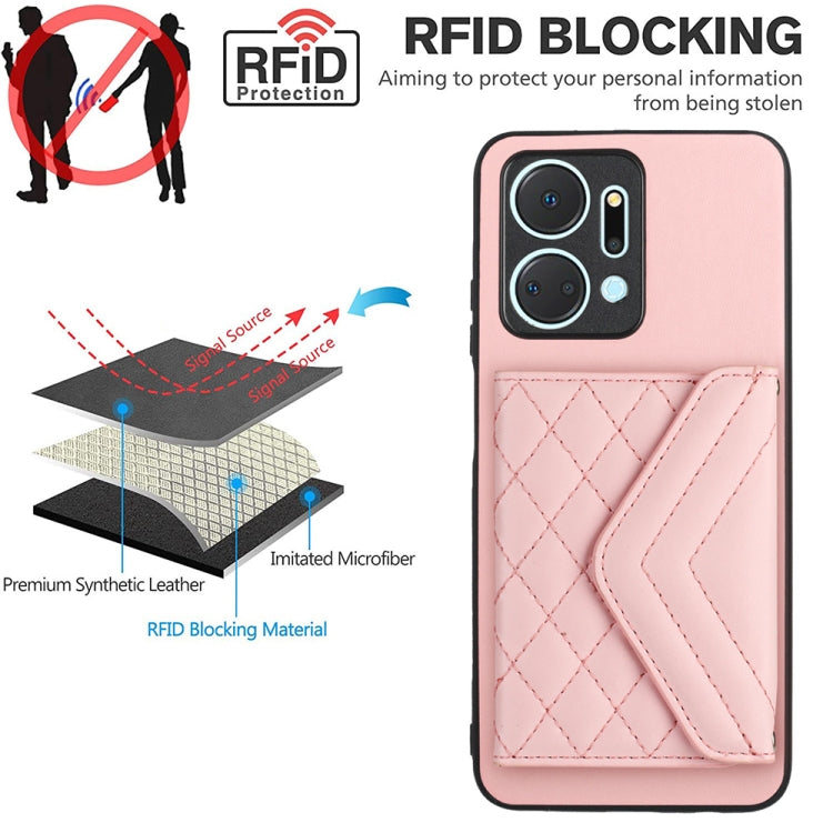 For Honor X7a / Play 7T Rhombic Texture Card Bag RFID Phone Case with Long Lanyard(Rose Gold)