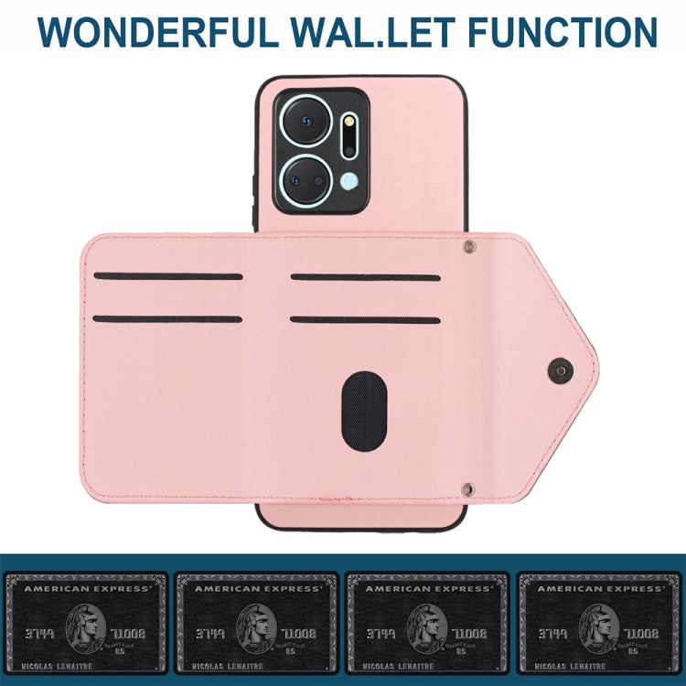 For Honor X7a / Play 7T Rhombic Texture Card Bag RFID Phone Case with Long Lanyard(Rose Gold)