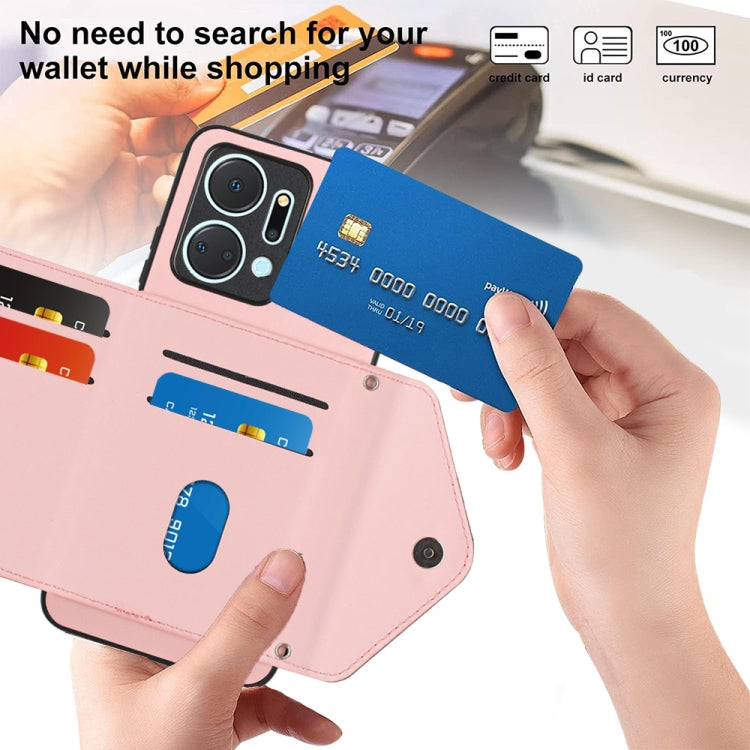 For Honor X7a / Play 7T Rhombic Texture Card Bag RFID Phone Case with Long Lanyard(Rose Gold)