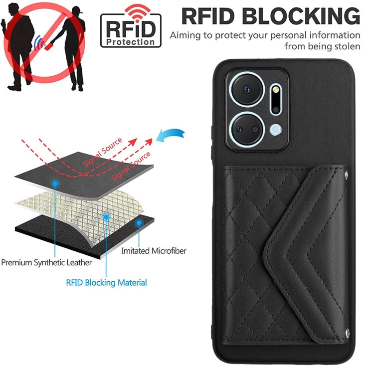 For Honor X7a / Play 7T Rhombic Texture Card Bag RFID Phone Case with Long Lanyard(Black)