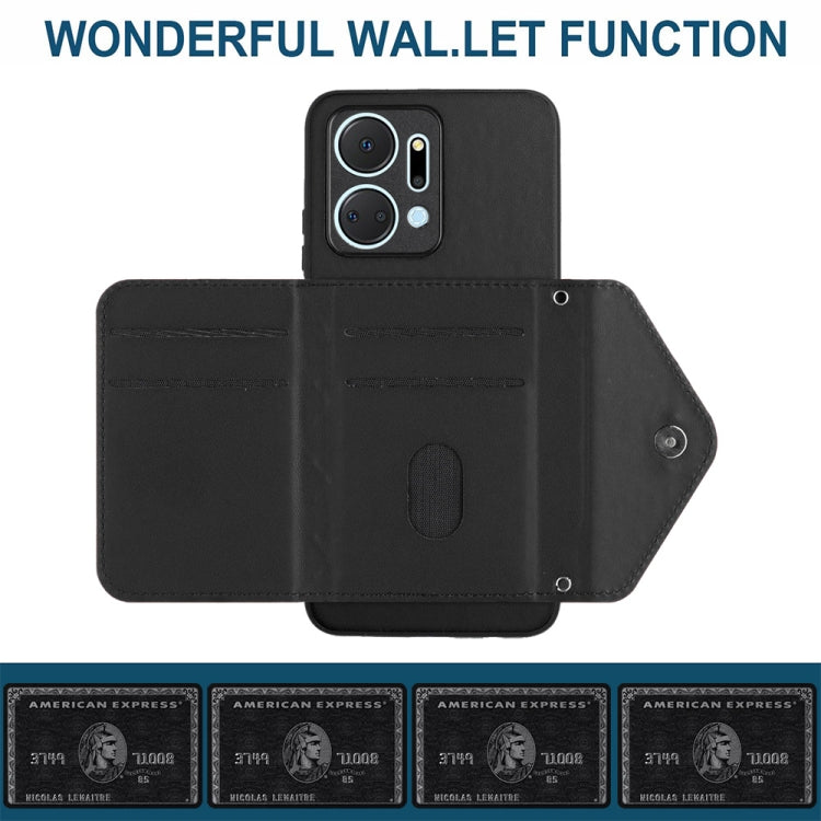 For Honor X7a / Play 7T Rhombic Texture Card Bag RFID Phone Case with Long Lanyard(Black)