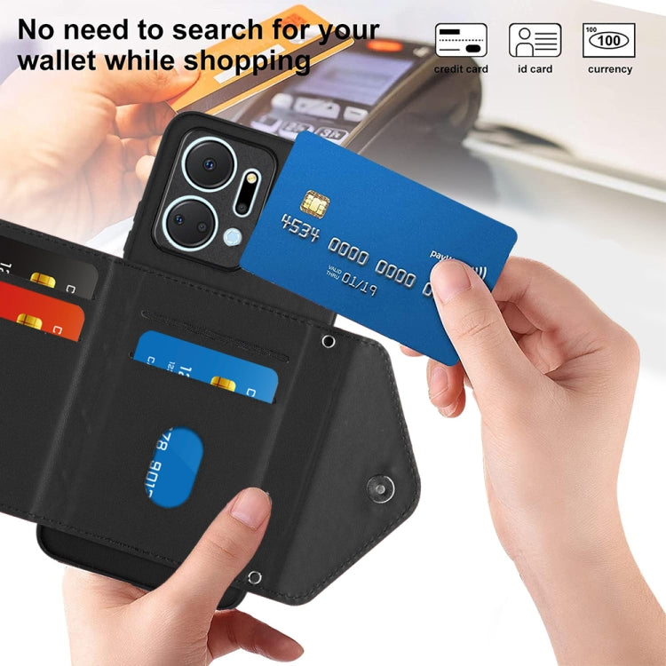 For Honor X7a / Play 7T Rhombic Texture Card Bag RFID Phone Case with Long Lanyard(Black)