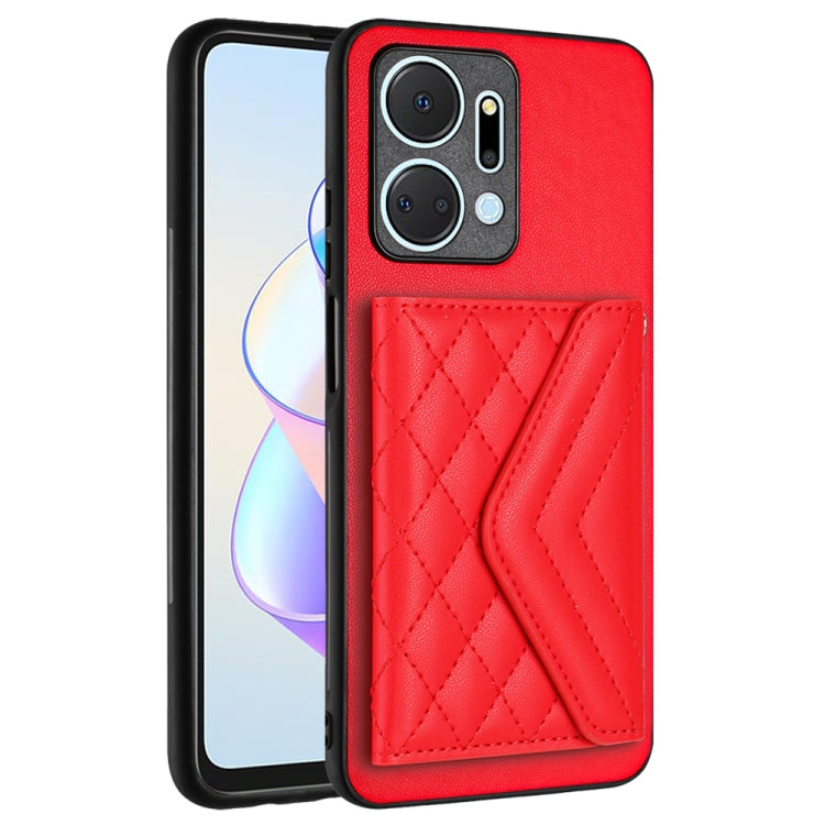 For Honor X7a / Play 7T Rhombic Texture Card Bag RFID Phone Case with Long Lanyard(Red)