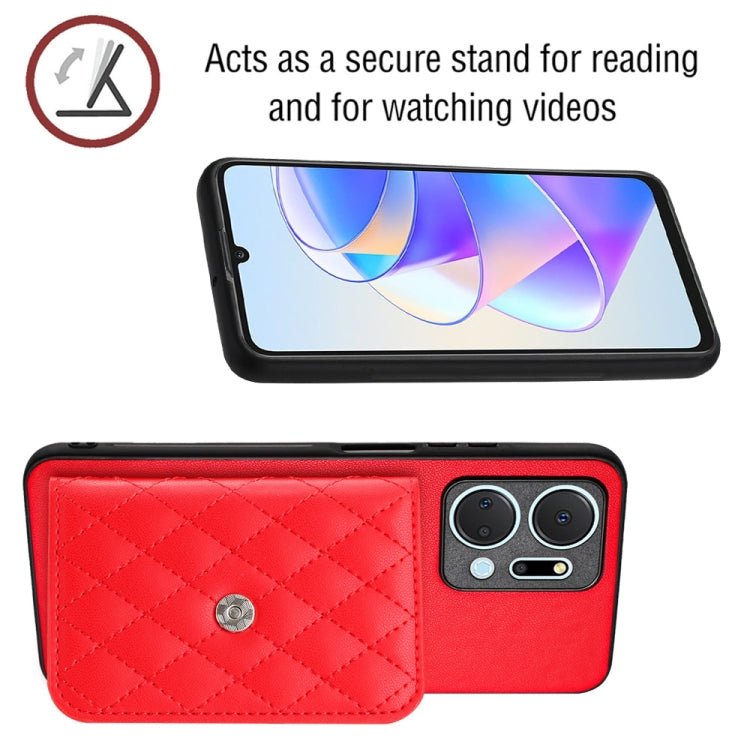 For Honor X7a / Play 7T Rhombic Texture Card Bag RFID Phone Case with Long Lanyard(Red)