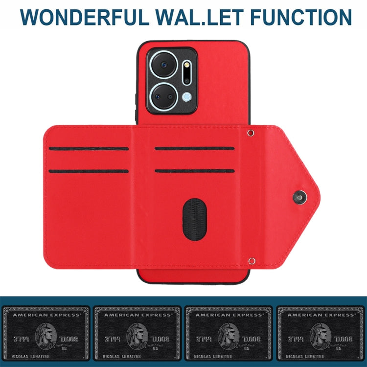 For Honor X7a / Play 7T Rhombic Texture Card Bag RFID Phone Case with Long Lanyard(Red)