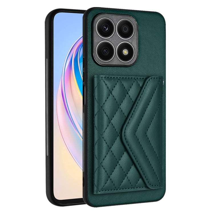 For Honor X8a Rhombic Texture Card Bag RFID Phone Case with Long Lanyard(Green)
