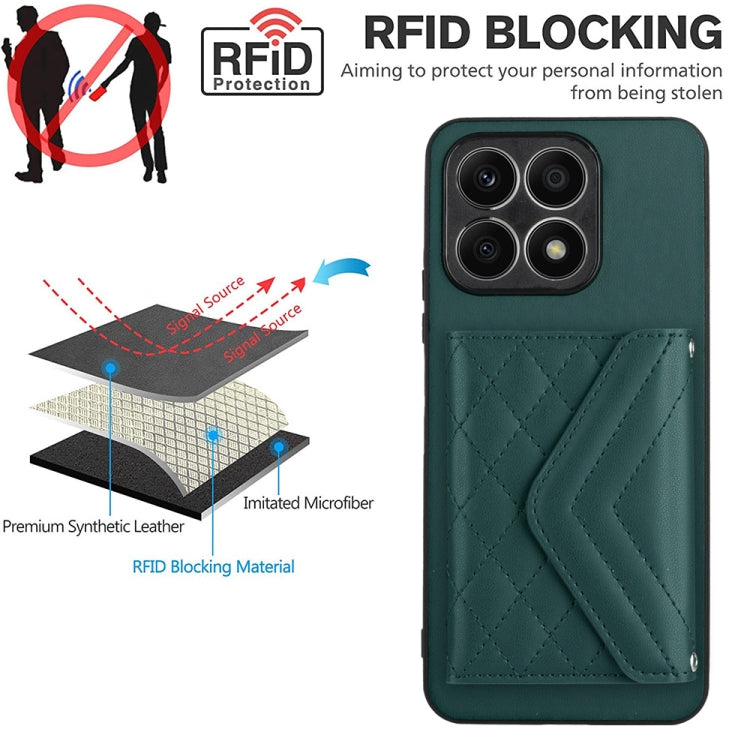 For Honor X8a Rhombic Texture Card Bag RFID Phone Case with Long Lanyard(Green)