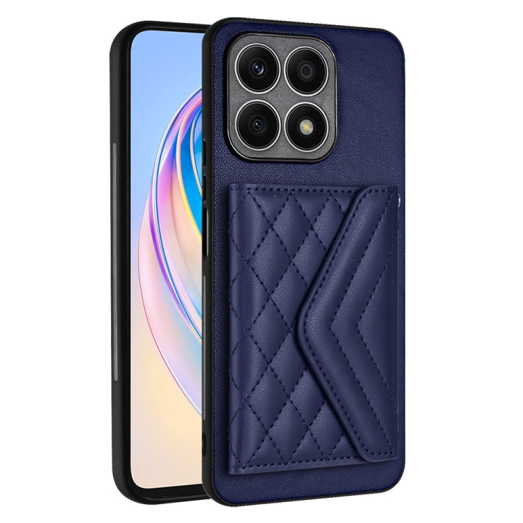 For Honor X8a Rhombic Texture Card Bag RFID Phone Case with Long Lanyard(Dark Purple)