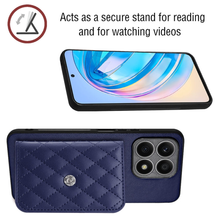 For Honor X8a Rhombic Texture Card Bag RFID Phone Case with Long Lanyard(Dark Purple)