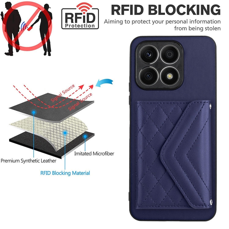 For Honor X8a Rhombic Texture Card Bag RFID Phone Case with Long Lanyard(Dark Purple)