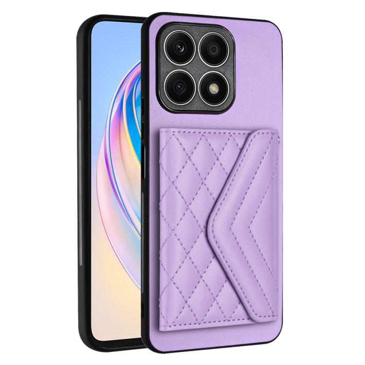 For Honor X8a Rhombic Texture Card Bag RFID Phone Case with Long Lanyard(Light Purple)