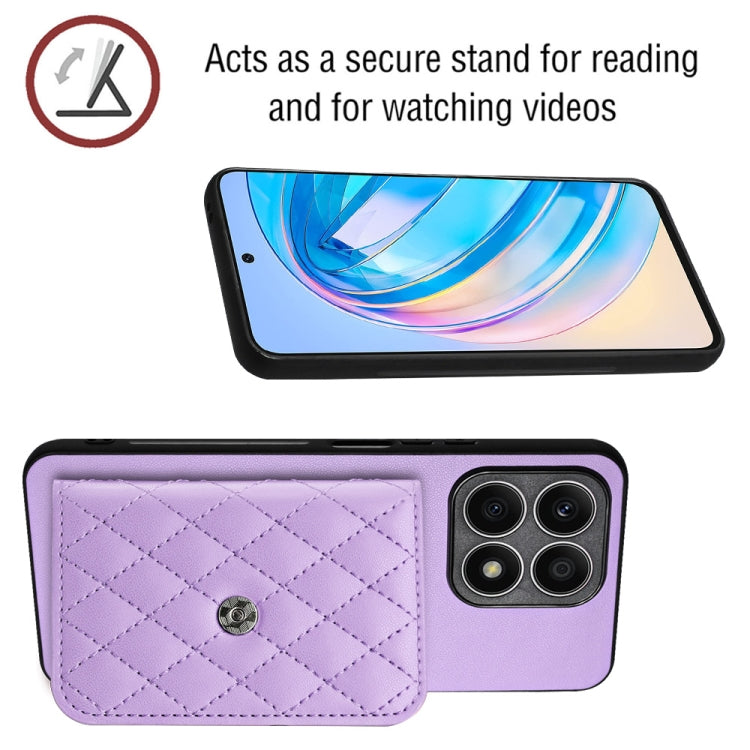 For Honor X8a Rhombic Texture Card Bag RFID Phone Case with Long Lanyard(Light Purple)