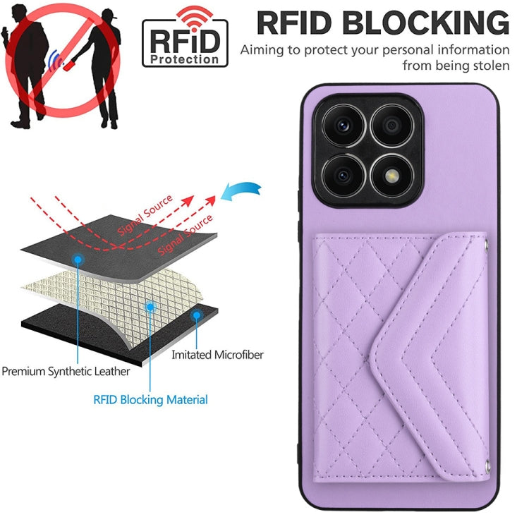 For Honor X8a Rhombic Texture Card Bag RFID Phone Case with Long Lanyard(Light Purple)