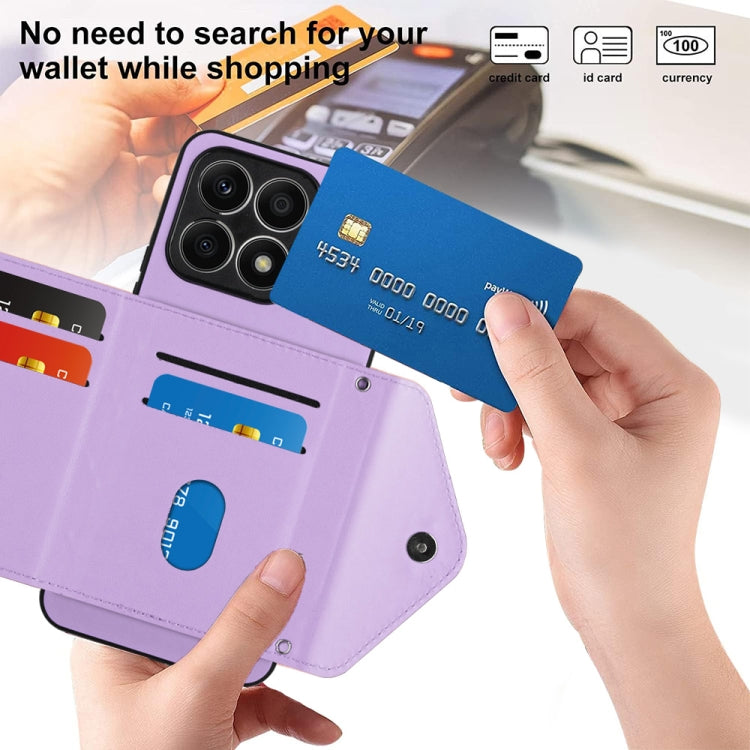 For Honor X8a Rhombic Texture Card Bag RFID Phone Case with Long Lanyard(Light Purple)