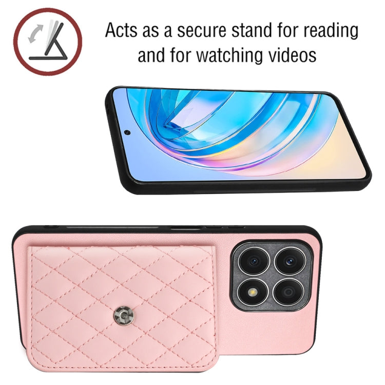For Honor X8a Rhombic Texture Card Bag RFID Phone Case with Long Lanyard(Rose Gold)