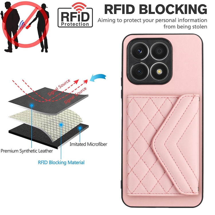 For Honor X8a Rhombic Texture Card Bag RFID Phone Case with Long Lanyard(Rose Gold)