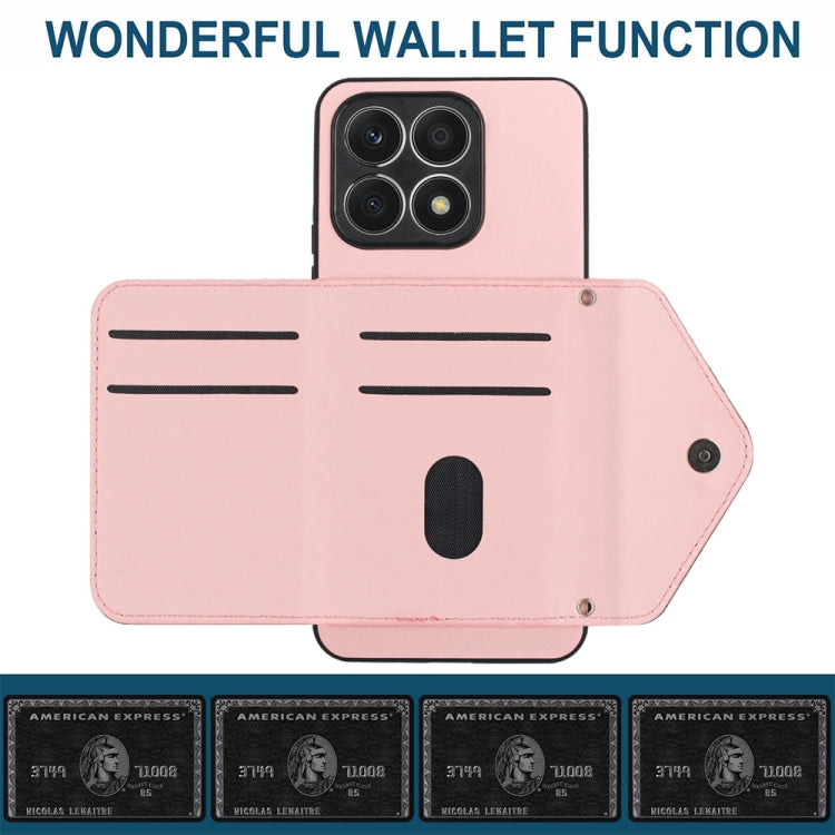 For Honor X8a Rhombic Texture Card Bag RFID Phone Case with Long Lanyard(Rose Gold)