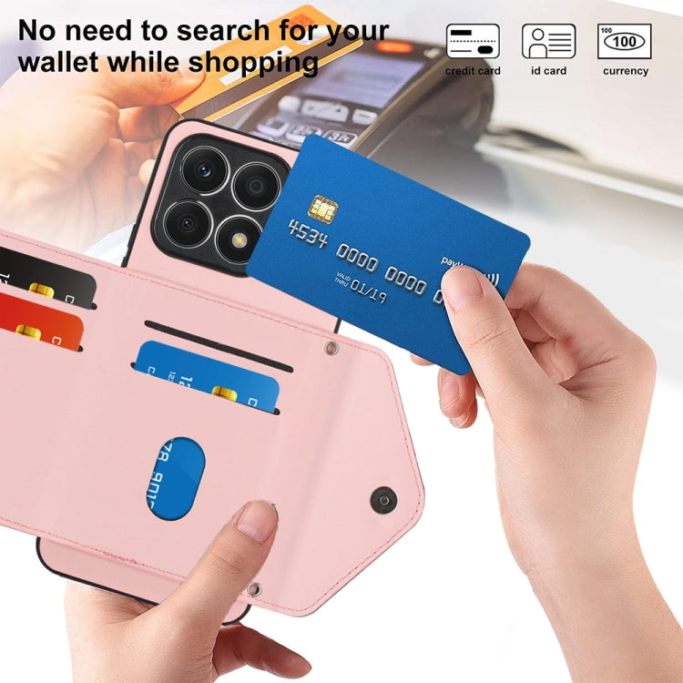 For Honor X8a Rhombic Texture Card Bag RFID Phone Case with Long Lanyard(Rose Gold)