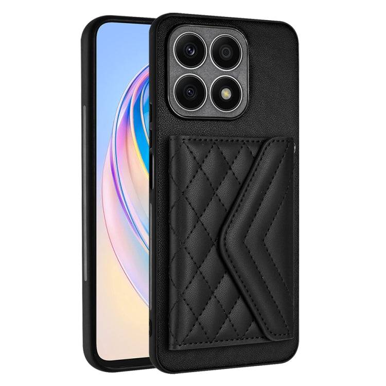 For Honor X8a Rhombic Texture Card Bag RFID Phone Case with Long Lanyard(Black)