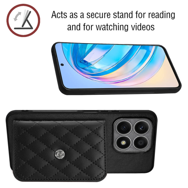 For Honor X8a Rhombic Texture Card Bag RFID Phone Case with Long Lanyard(Black)