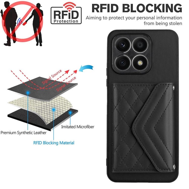 For Honor X8a Rhombic Texture Card Bag RFID Phone Case with Long Lanyard(Black)