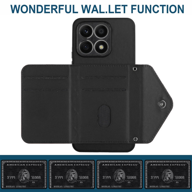 For Honor X8a Rhombic Texture Card Bag RFID Phone Case with Long Lanyard(Black)