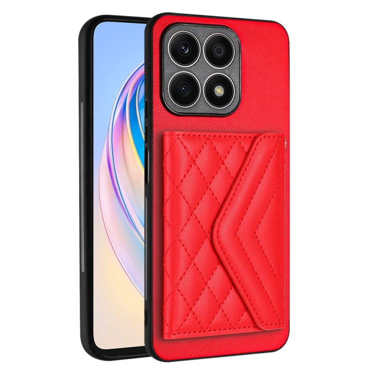 For Honor X8a Rhombic Texture Card Bag RFID Phone Case with Long Lanyard(Red)