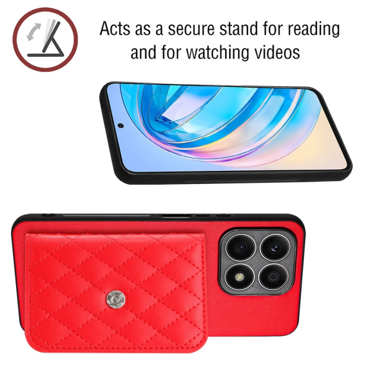 For Honor X8a Rhombic Texture Card Bag RFID Phone Case with Long Lanyard(Red)