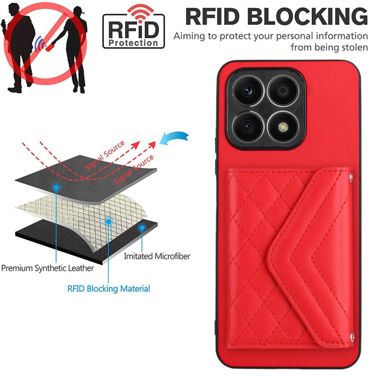 For Honor X8a Rhombic Texture Card Bag RFID Phone Case with Long Lanyard(Red)