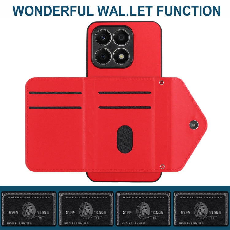 For Honor X8a Rhombic Texture Card Bag RFID Phone Case with Long Lanyard(Red)