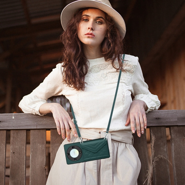 For Honor X9a / Magic5 Lite Rhombic Texture Card Bag RFID Phone Case with Long Lanyard(Green)