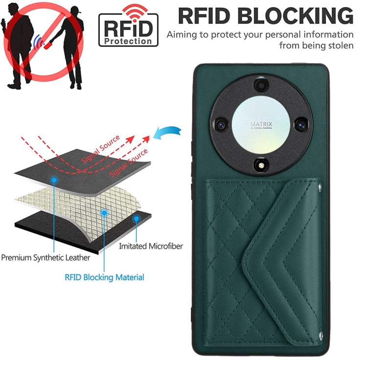 For Honor X9a / Magic5 Lite Rhombic Texture Card Bag RFID Phone Case with Long Lanyard(Green)
