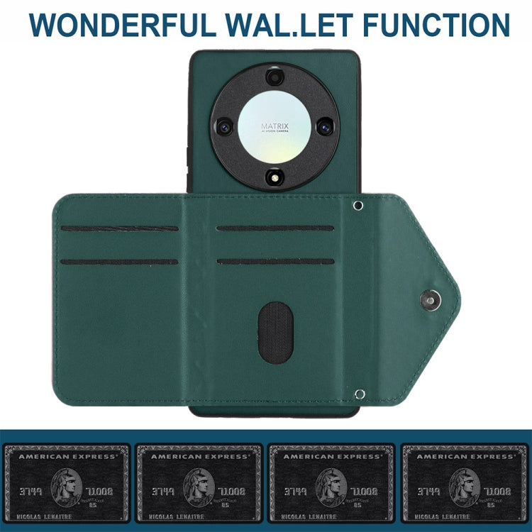 For Honor X9a / Magic5 Lite Rhombic Texture Card Bag RFID Phone Case with Long Lanyard(Green)