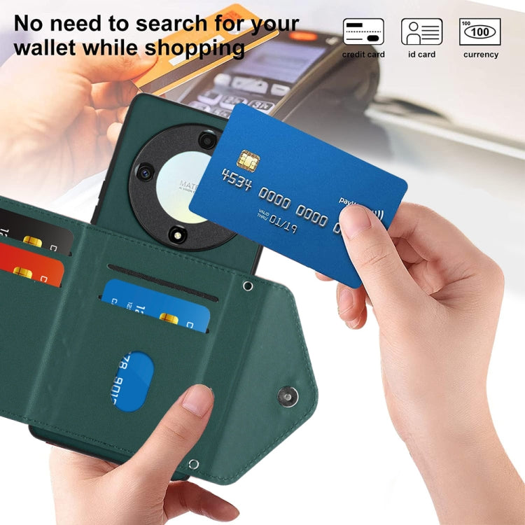 For Honor X9a / Magic5 Lite Rhombic Texture Card Bag RFID Phone Case with Long Lanyard(Green)