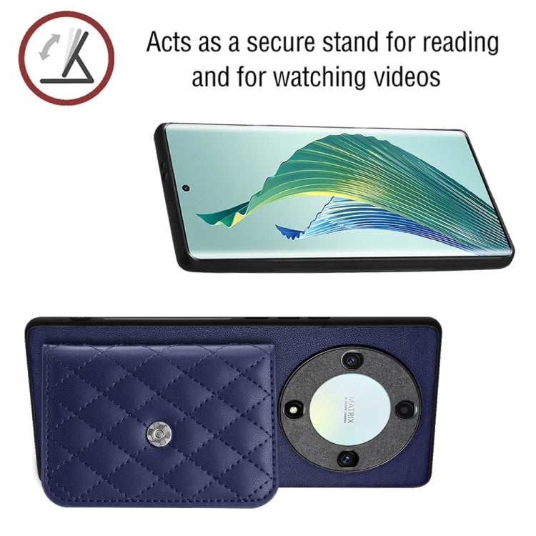 For Honor X9a / Magic5 Lite Rhombic Texture Card Bag RFID Phone Case with Long Lanyard(Dark Purple)