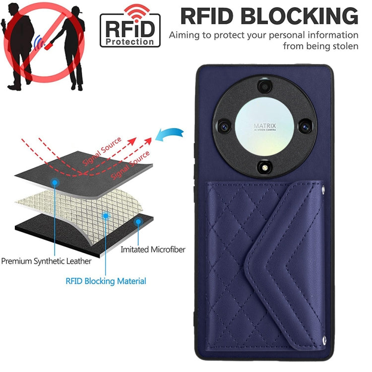 For Honor X9a / Magic5 Lite Rhombic Texture Card Bag RFID Phone Case with Long Lanyard(Dark Purple)